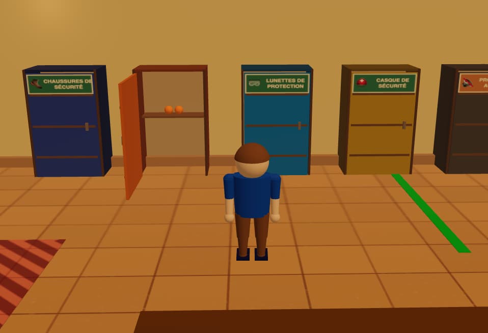 Security Factory niveau 2 - le personnage face aux casiers d'EPI dans l'usine, choix des protections auditives dans le serious game e-learning sécurité