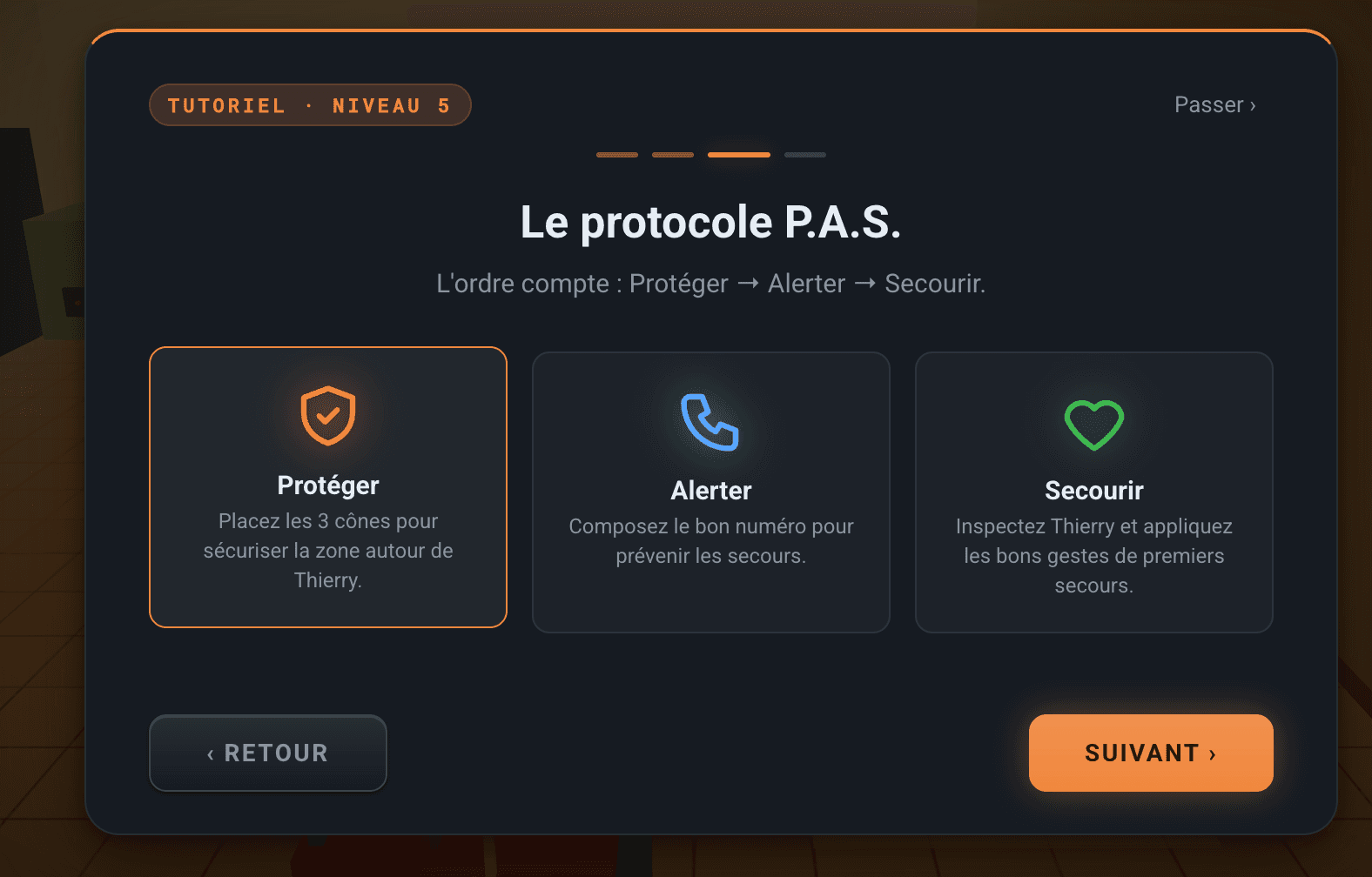 Security Factory niveau 5 - application du protocole P.A.S. (Protéger, Alerter, Secourir) dans le serious game sécurité en entreprise